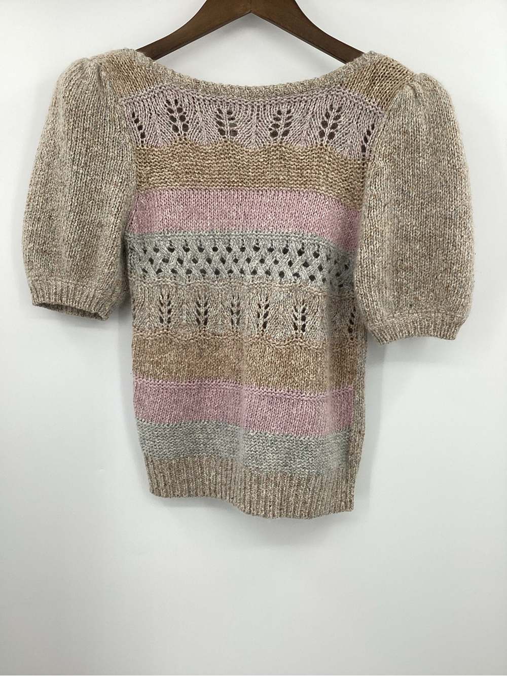 Striped Knit Puff-Sleeve Sweater in Beige and Pink